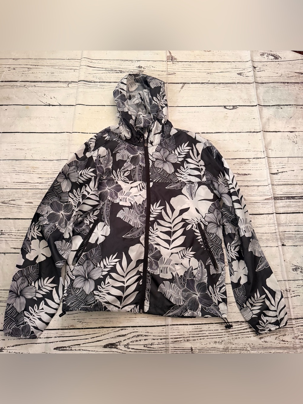 Men's Black & White Floral Bomber Jacket with Hood